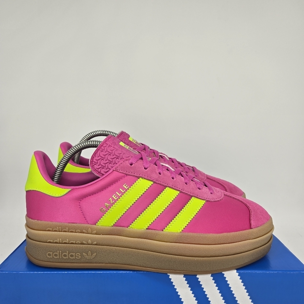 New Adidas Gazelle Bold Lucid Fuchsia Solar Slime Satin Women's Shoes Size 9.5 - Picture 3 of 8